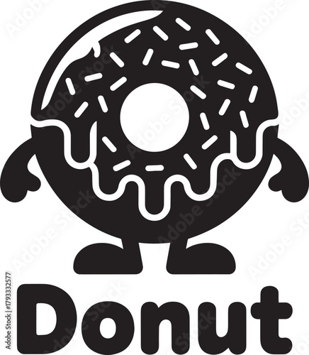 Black silhouette cartoon donut character sweet pastry snack with sprinkles frosting dripping icing design logo icon