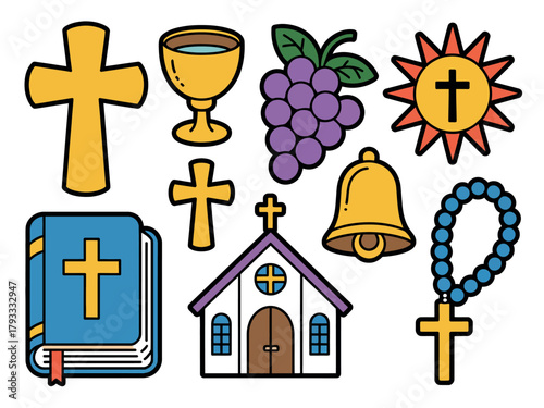 A collection of religious symbols including a bible, church, cross, and rosary beads.