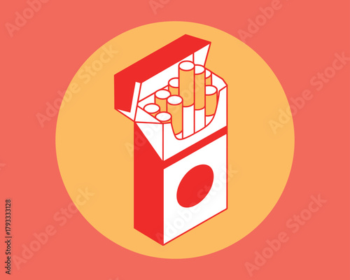 A pack of cigarettes is depicted in isometric view against a circular orange background.