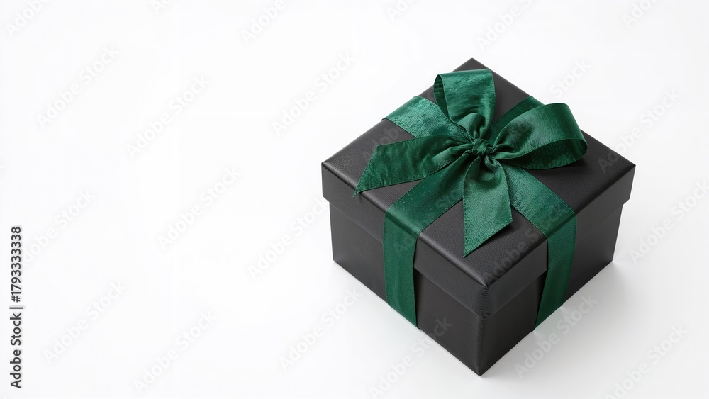 Obraz premium A black gift box with a green ribbon and bow.