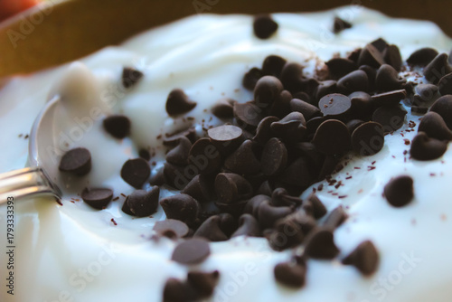close-up of vanilla or plain white yogurt with mini chocolate chips in a stoneware bowl with a spoon. food background or banner. dessert or sweets culinary design element.