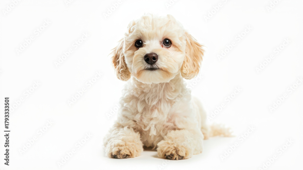 Obraz premium Adorable Cavapoo puppy lying down, looking at the camera on a white background