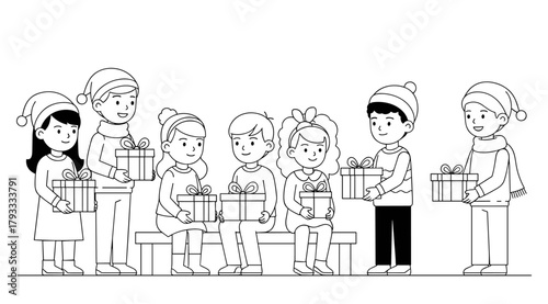 Children Exchanging Christmas Gifts, Coloring Book Illustration