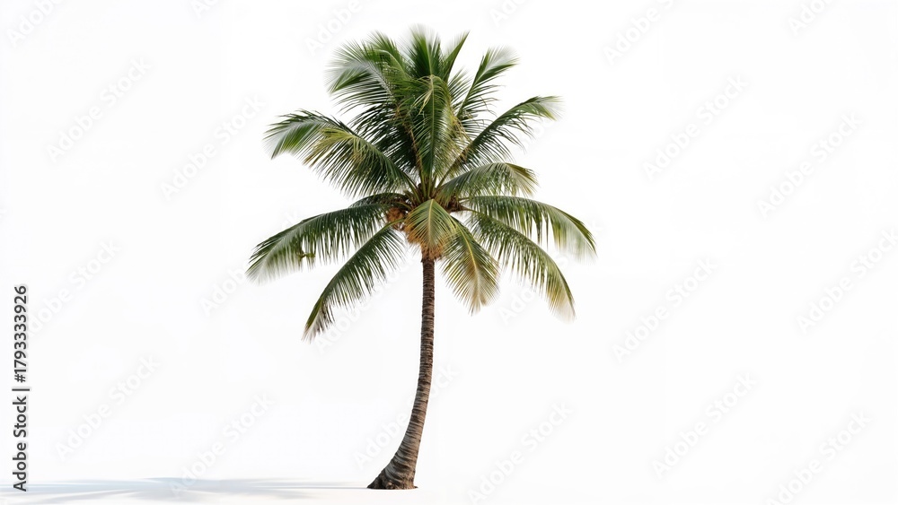 Obraz premium A single palm tree on a beach with a clear background, tropical landscape, nature, and tranquility.