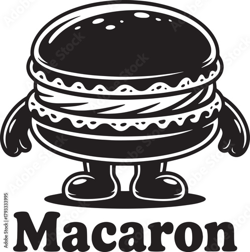 Cute macaron dessert cookie character mascot silhouette vector illustration monochromatic style on clean background.