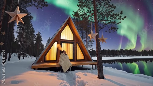 Northern Lights at the A-frame cabin: winter night by the lake, warm light and forest with stars