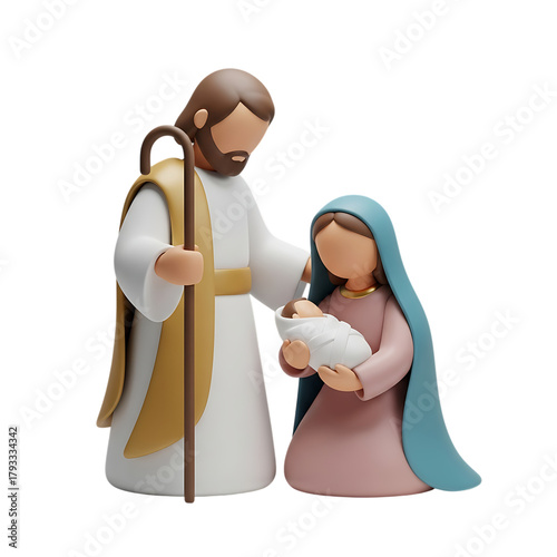 Stylized 3d illustration of mary, joseph, and baby jesus