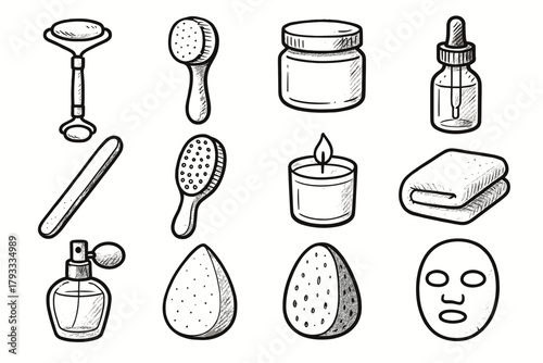 Hairbrush towel tools beauty brush roller serum icon perfume dropper vector