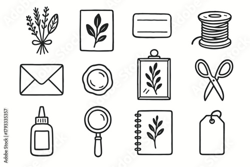 Bottle scissors wax vector label notebook icon botanical collection twine spool tag