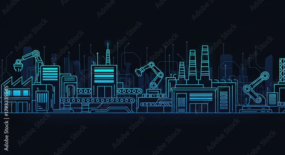 Fototapeta premium Futuristic Industrial Factory with Robotic Arms in a Digital Blue Glowing Landscape