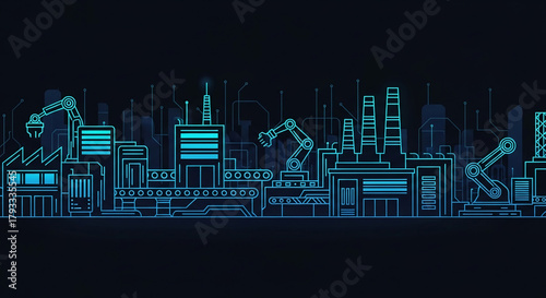 Futuristic Industrial Factory with Robotic Arms in a Digital Blue Glowing Landscape