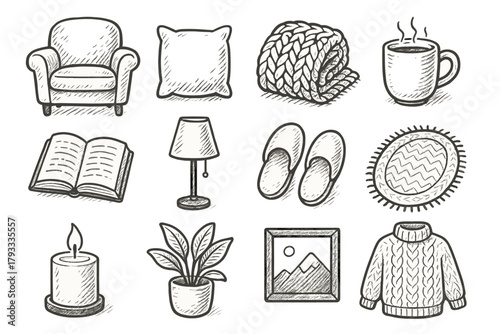 Icons armchair reading cozy floor home frame icon book knitted vector pillow