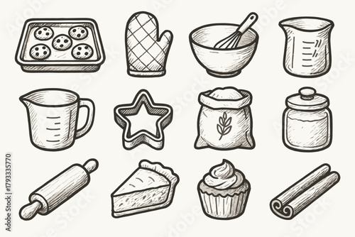 Cozy pie essentials vector flour icon cupcake cookie cutter slice home tray