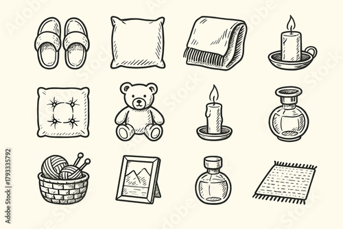 Blanket candle bear room home bottle cushion cozy icons vector lamp icon
