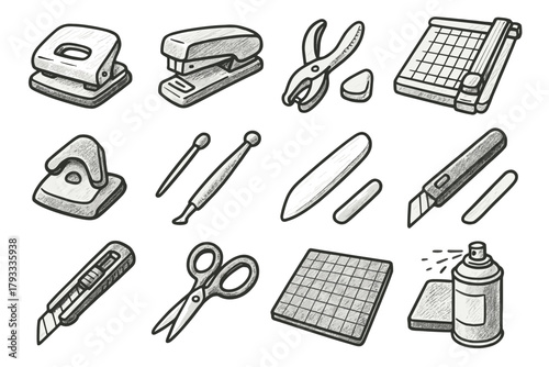 Paper hole trimmer icon stapler corner tools puncher vector punch icons scissors