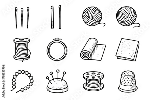 String craft bead fabric icon yarn bobbin roll tool needles thimble icons