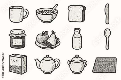 Teapot placemat icons daily bowl cereal icon mug jam box sugar objects