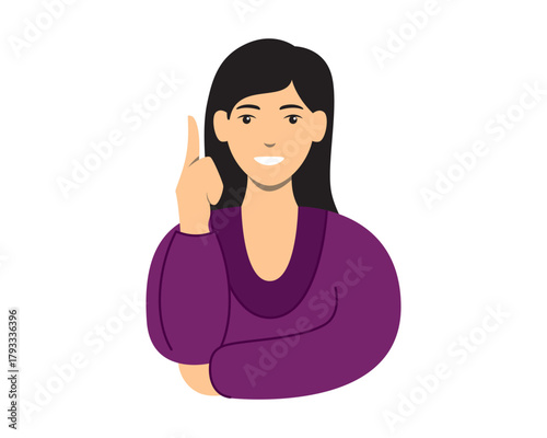 Woman has a Eureka Moment with Smiling Expression and Pointing Upward Gesture