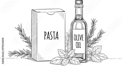 Italian cuisine essentials, pasta box, olive oil bottle, rosemary, basil leaves, gourmet cooking, kitchen ingredients, food illustration, sketch style