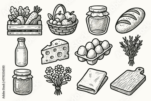 Basket farm bread jar icons jam bunch bouquet fresh napkin milk icon