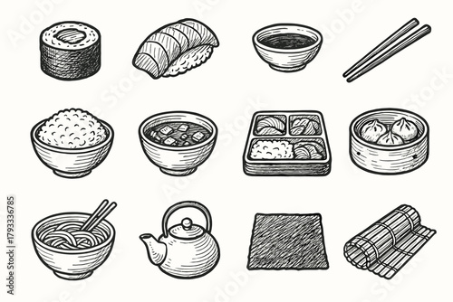 Rice bowl soup soy mat noodle drawn icon tea roll hand vector