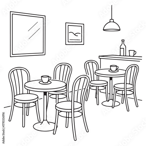 A restaurant with a few tables and chairs. The chairs are empty. There is a bottle on the counter