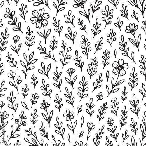 A black and white drawing of flowers and leaves. The flowers are drawn in a stylized way, with some of them appearing to be in the foreground and others in the background