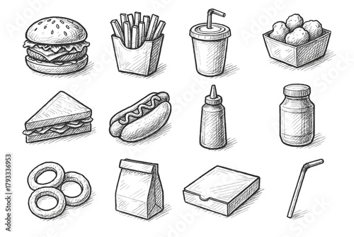 Mustard ketchup fast icon box drink bottle rings chicken food icons vector