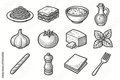 Vector lasagna leaf food italian breadstick tomato icon plate spaghetti icons risotto