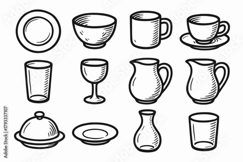 Jug modern pitcher icons bowl kitchenware teacup plate mug saucer vector carafe