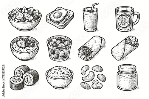 Granola wrap water green vector icon drawn hand lemon bowl juice yogurt