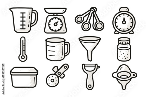 Icon modern sifter kitchenware egg cup spoons icons separator thermometer timer jar