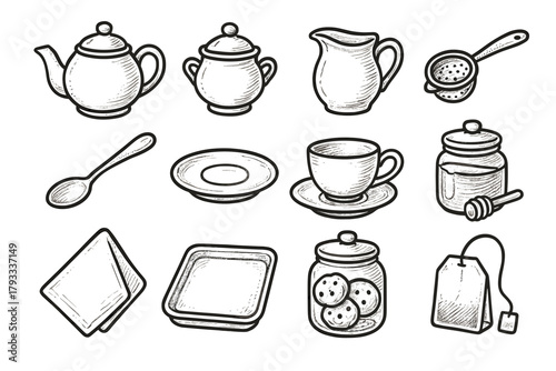 Teacup cookie sugar icons vector kitchenware tea honey teabag jar napkin modern
