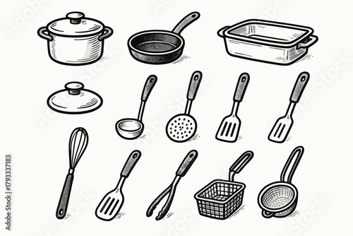 Hand kitchenware dish vector strainer basket skimmer icon pot lid spatula pan