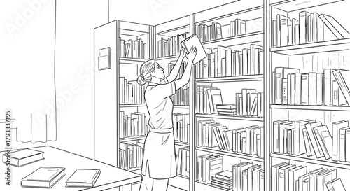Library interior with bookshelves, woman organizing books, academic study room, knowledge access, research environment, education, learning, literature