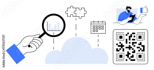 Magnifying glass searching graphs, cloud connecting puzzle, calendar, QR code, and user approving. Ideal for teamwork, analytics, technology, cloud computing organization productivity online