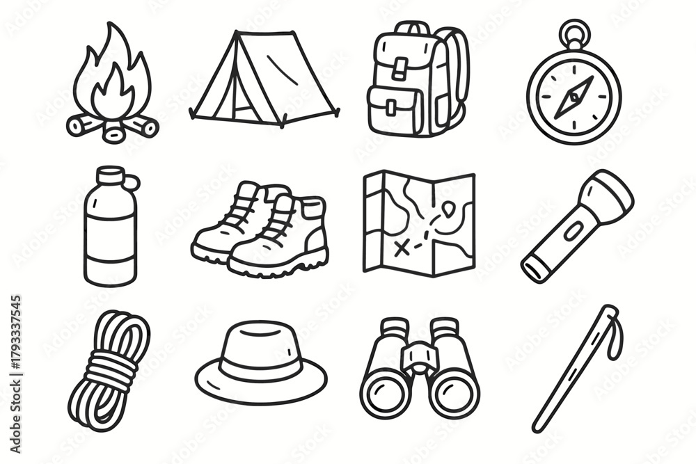 Fototapeta premium Compass boots adventure stick binoculars icons coil icon backpack nature rope vector