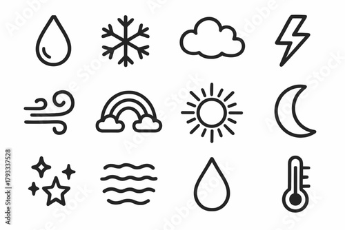 Nature raindrop star swirl rays fog moon set lightning rainbow icon vector