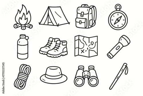 Compass boots adventure stick binoculars icons coil icon backpack nature rope vector