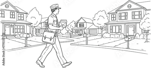 Mail carrier walking in suburban neighborhood, delivering letters and packages, residential street, postal service, community infrastructure scene