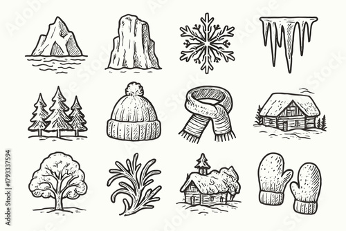 Forest nature frozen lake tree glacier mittens scarf vector set icon pine