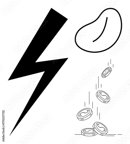 Lightning bolt, abstract bean shape, and coins in motion connecting energy, growth, and finances. Ideal for innovation, success, economy wealth energy creativity and transformation. Simple flat