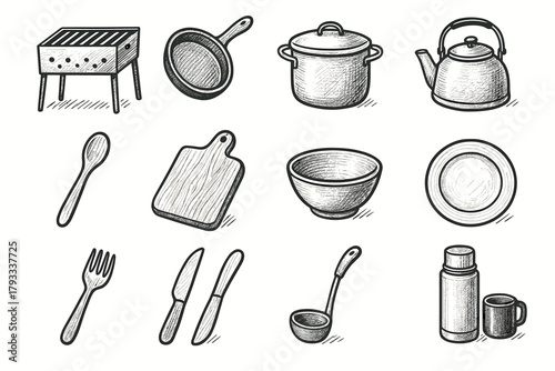 Wooden bowl spoon camp ladle frying icon vector pot outdoor pan kettle