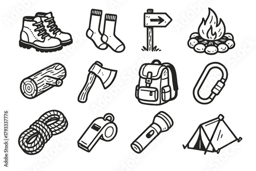 Marker vector whistle ring log camp icon socks outdoor pin tent backpack