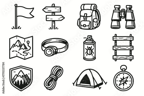Ladder bug badge icon signpost compass vector camping set spray patch map