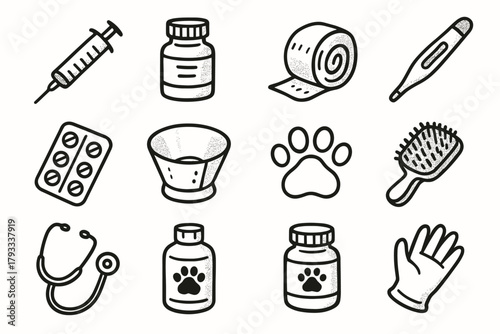 Care pill icons bottle cone icon vector shampoo jar thermometer glove syringe