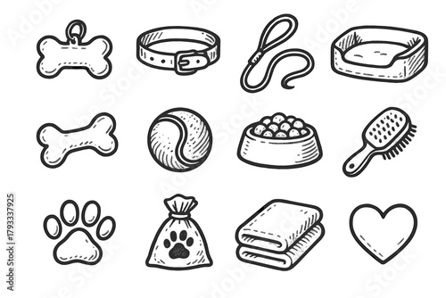 Pet icons bone treat bag collar set vector tag icon leash brush