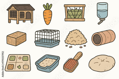 Hutch rabbit bottle items cage feeder brush pet vector icon chew block