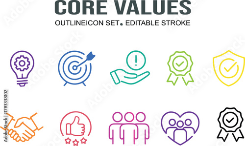 Core Values Outline Icon Set – Editable Stroke Vector Featuring Innovation, Goals, Integrity, Teamwork, and More