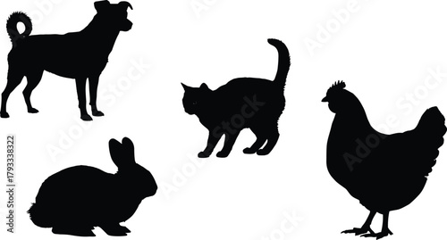 Animal silhouettes, dog, cat, rabbit, chicken, black shapes, white background, pet icons, farm animals, minimal design, vector style, isolated figures, domestic creatures, graphic elements